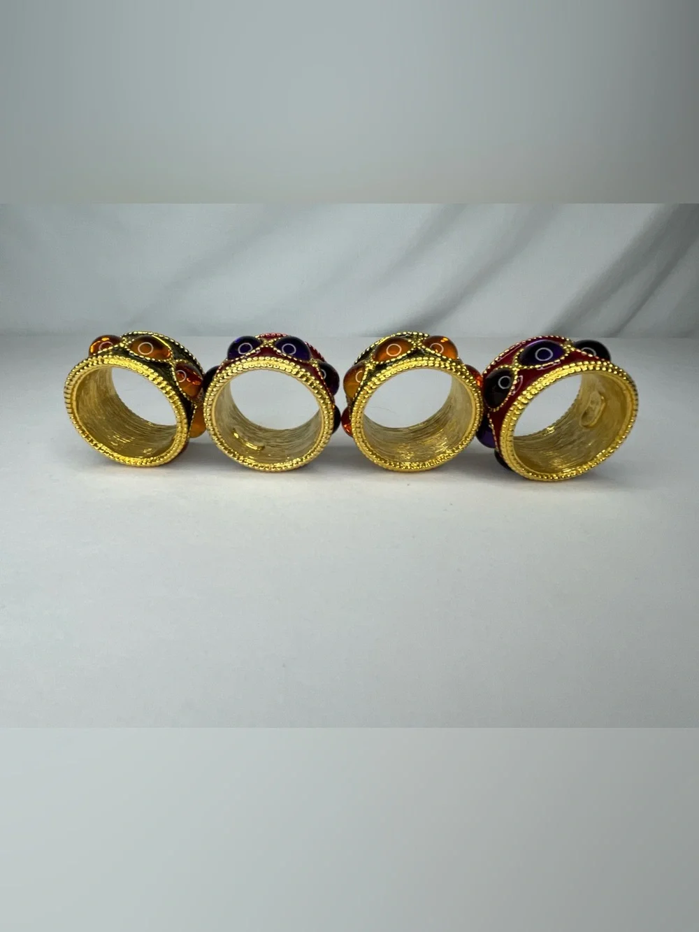 Vintage Luxury Hand Enameled Napkin Rings By Mike+Ally-Gold With Stones